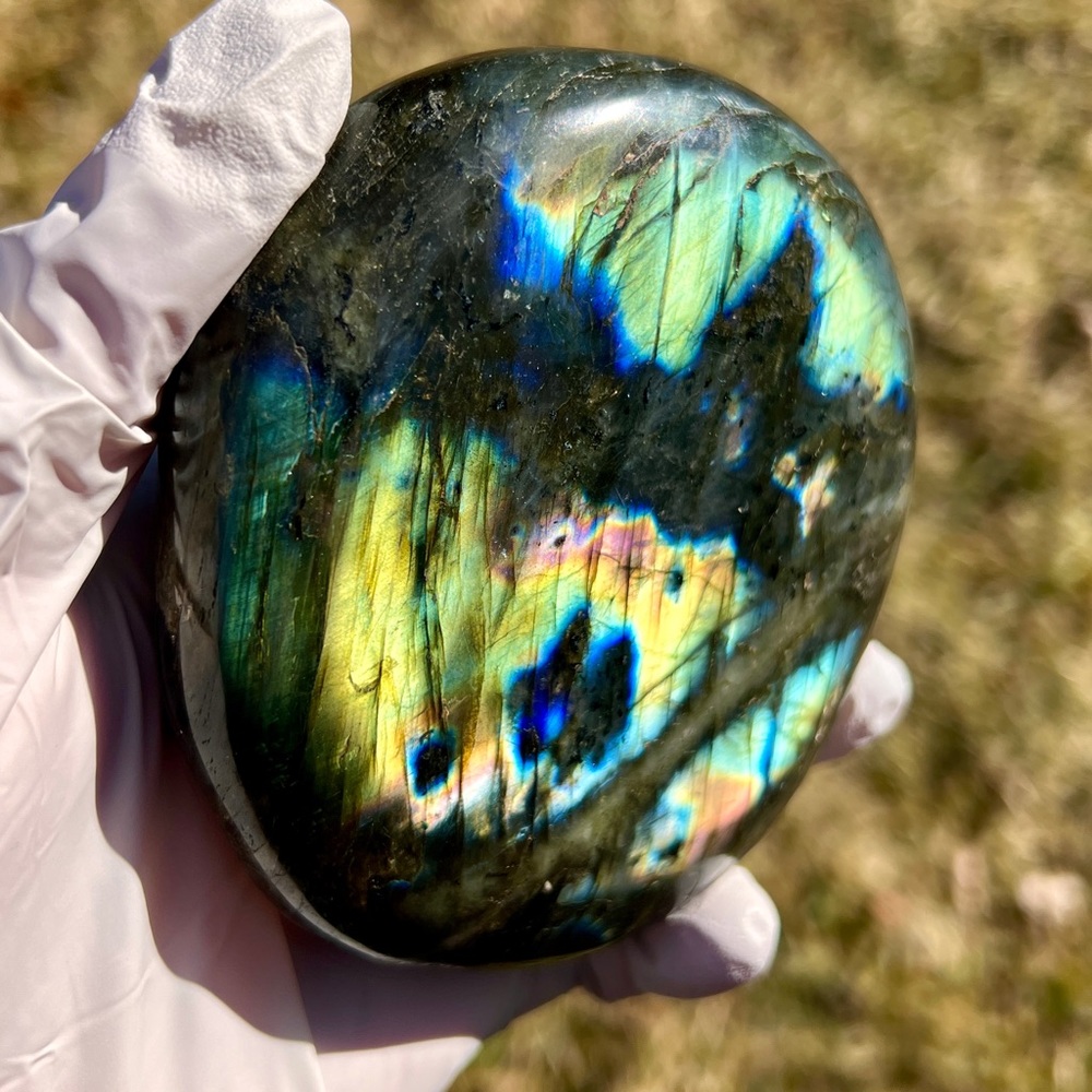 SOLD 3.9” Massive Flashy XXL Labradorite Palm Stone - Focal Meditation Stone